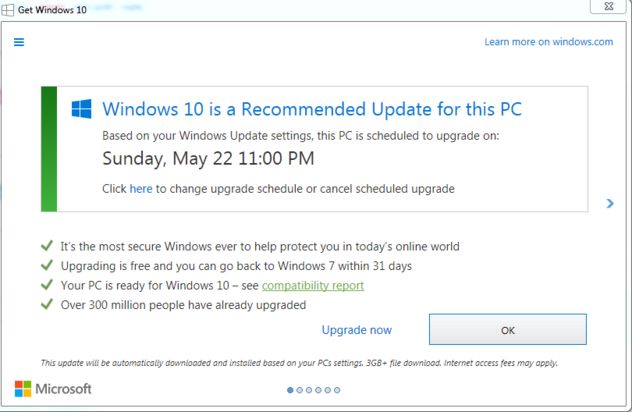 Screenshot of Microsoft modal recommending an upgrade to Windows 10 Screenshot of Microsoft modal recommending an upgrade to Windows 10