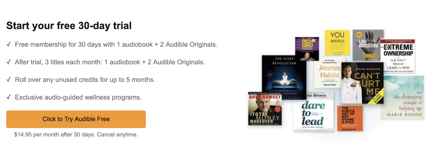 Amazon banner offering users a free Audible book, followed by a $14.95 per month subscription in small text Amazon banner offering users a free Audible book, followed by a $14.95 per month subscription in small text
