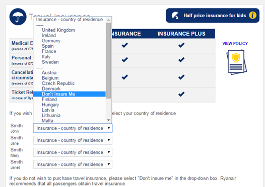 RyanAir travel insurance screenshot RyanAir travel insurance screenshot